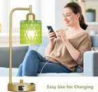 Green Table Lamp with USB Port and Outlet Set of 2, Glass Bedside Table Lamp for Bedroom, Retro Desk Lamps for Home Office, Mid Century Modern Small Night Stand Lamps, Gold Rustic Desk Light
