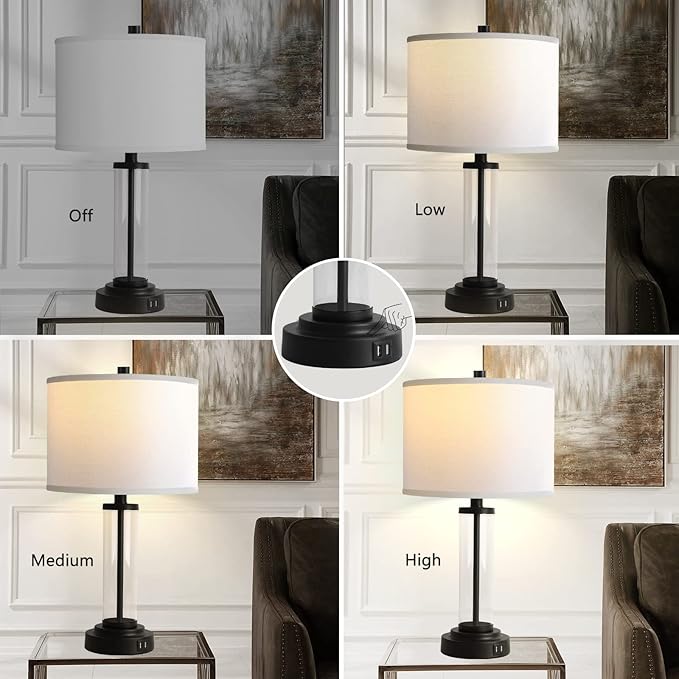 QiMH Touch Control Table Lamps Set of 2 with USB Ports, 3-Way Dimmable Bedside Lamp for Living Room Bedroom House, Modern Nightstand Lamp with 2 LED Bulbs(Black)