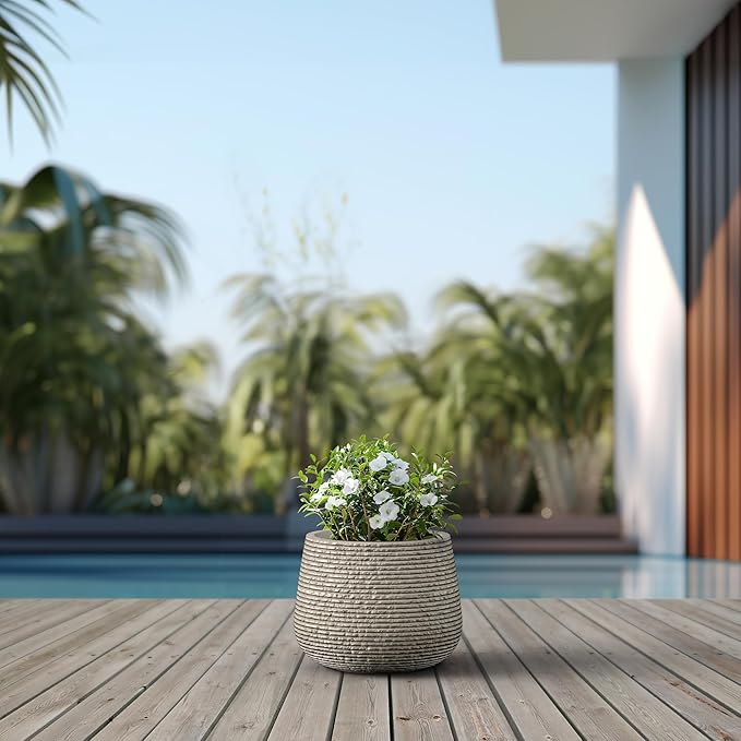 Kante 12.5" Dia Round Fluted Planter with Surface Indentations, Large Flower Pot with Drainage Hole for Indoor & Outdoor Plants, Weathered Concrete Finish with Warm Brown Interior