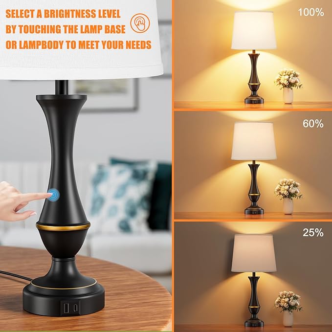 Upgraded Touch Lamps for Bedrooms Set of 2 - Nightstand Table Lamp with USB C+A, 3 Way Dimmable Lamps for Living Room, Office(White)