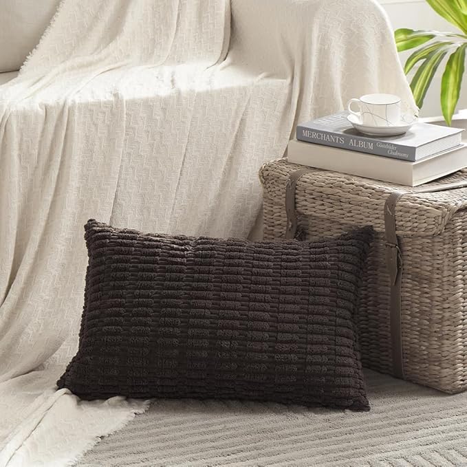 Fancy Homi Dark Brown Decorative Throw Pillow Covers 14x24 Inch for Living Room Couch Bed Sofa, Rustic Farmhouse Boho Home Decor, Soft Striped Corduroy Square Cushion Case 35x60 cm