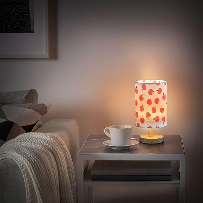 Table Lamp Watercolor Red Apple Pattern White Nightstand Lamp with Wood Base Fabric Lamp Shade Bedside Desk Lamp for Living Room Bedroom Kids Room Office