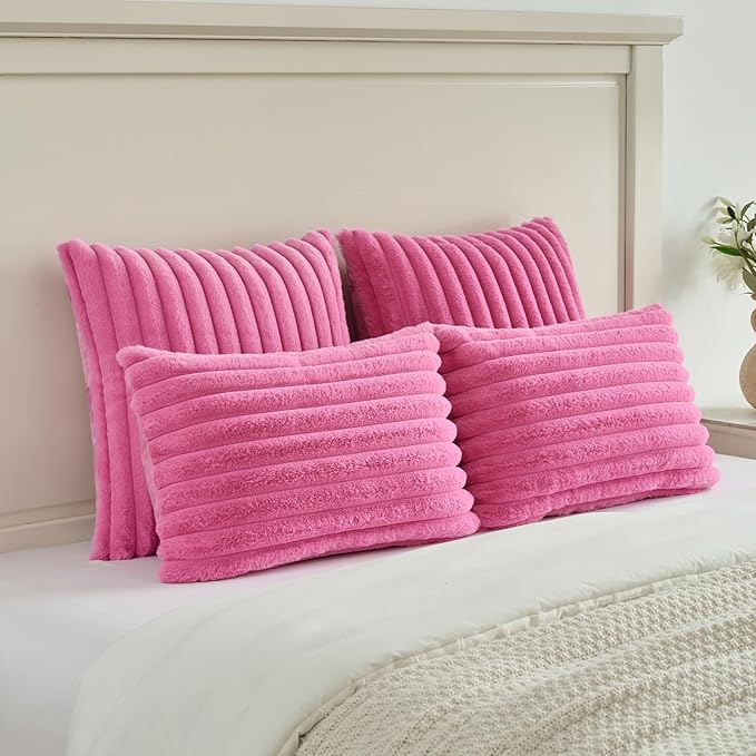 FUTEI Hot Pink Striped Decorative Throw Pillow Covers 24x24 Inch Set of 2,Square Winter Decorations Couch Euro Pillow Case,Soft Cozy Faux Rabbit Fur & Velvet Back,Modern Home Decor for Bed