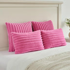 FUTEI Hot Pink Striped Decorative Throw Pillow Covers 16x16 Inch Set of 2,Square Winter Decorations Couch Pillow Case,Soft Cozy Faux Rabbit Fur & Velvet Back,Modern Home Decor for Bed