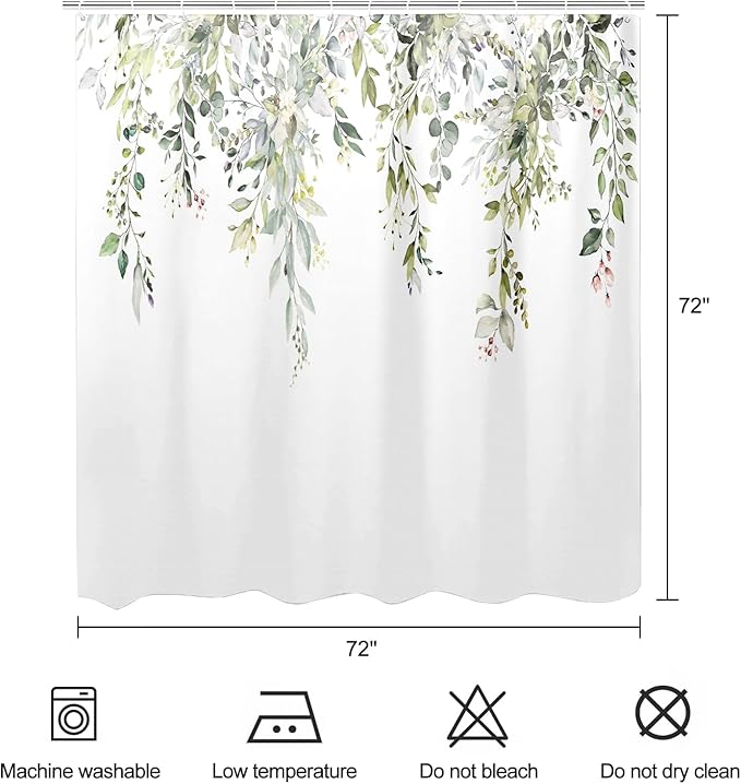 Sage Green Eucalyptus Shower Curtain Watercolor Plant Green Leaves Shower Curtains for Bathroom Waterproof Polyester Fabric Bath Curtain 72 x 72 Inch with 12 Hooks