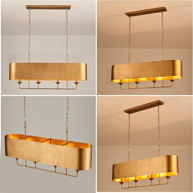 42” Brass Metal Linear Chandelier 4-Lights Adjustable Modern Industrial Pendant Light for Kitchen Island Dining Room Living Room, UL Listed