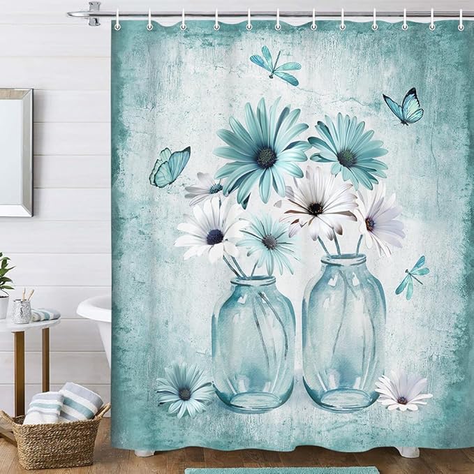 Rustic Farmhouse Teal Floral Shower Curtain, Sage Green Daisy Flowers Butterfly Dragonfly on Abstract Aesthetic Country Wooden Boho Shower Curtain Set, White Bathroom Accessory Sets with Hooks, 70X84