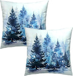 Christmas Trees Throw Pillow Covers 16x16 Set of 2, Winter Snowy Blue Tree Woods Nature Forest Decorative Pillow Cases Cotton Cushion Cover for Couch Sofa Farmhouse Home Decor