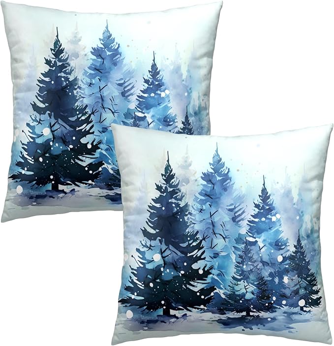 Christmas Trees Throw Pillow Covers 16x16 Set of 2, Winter Snowy Blue Tree Woods Nature Forest Decorative Pillow Cases Cotton Cushion Cover for Couch Sofa Farmhouse Home Decor