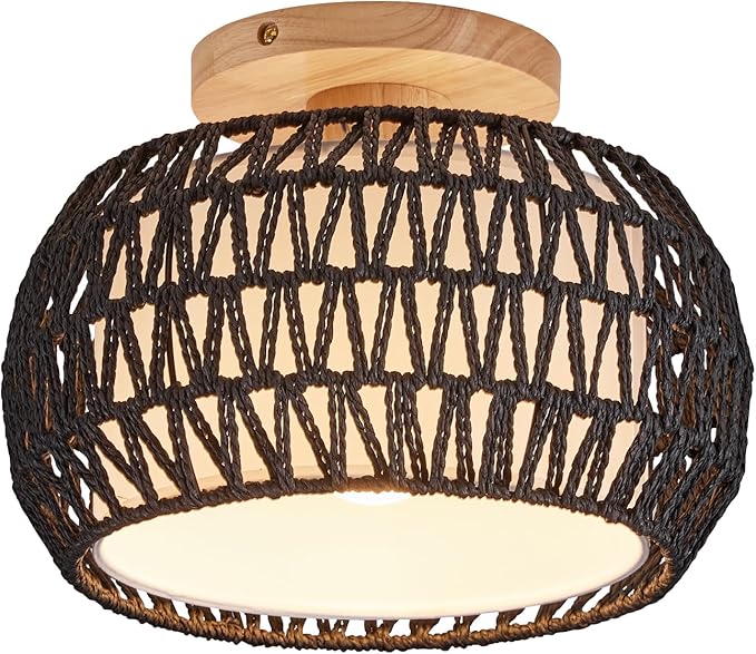 Boho Rattan Ceiling Light Fixture - 3 Style Options Wicker Semi Flush Mount Ceiling Lights,Black Bohemian Woven Basket Chandelier,Coastal Light Fixtures for Hallway Bedroom Nursery Playroom Laundry