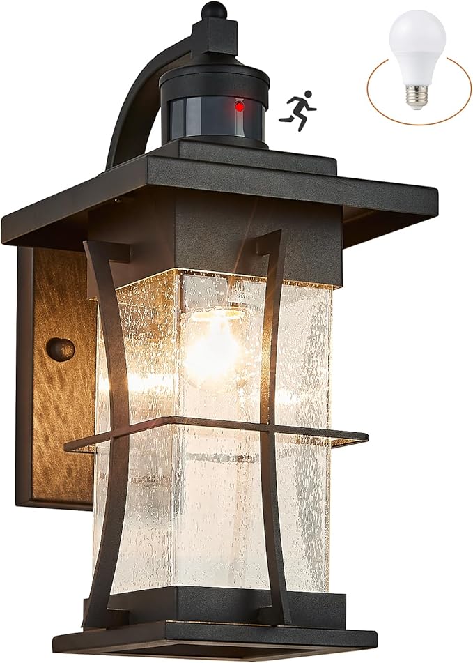 Motion Sensor Outdoor Wall Light Dusk to Dawn Exterior Light Fixtures Waterproof Exterior Sconce Black Porch Lamp Wall Mount Outside Lantern Light for House Front Door Garage