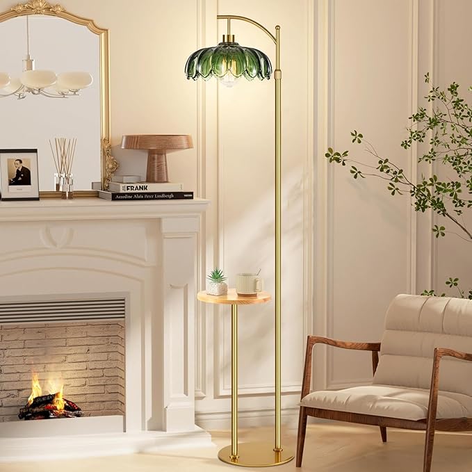 Gold Floor Lamp with Table and Shelves for Living Room Bedroom,Glass Standing Lamp with Remote Dimmable,Boho Brass Tall Lamp Vintage Farmhouse Arc Flower Floor Light Bohemian