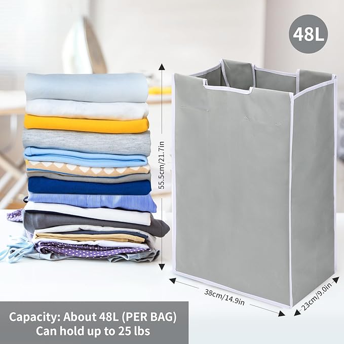 3 Bag Laundry Sorter Replacement Bags, Augot Large Hamper Cart Removable Replacement Bags with 6Pcs Hangers and Carry Handle, Laundry Organizer Storage Case 21"H×15"L×9"W