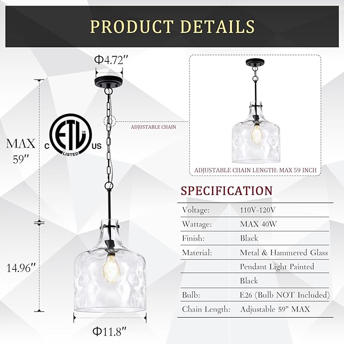Extra Large 16" Vintage Farmhouse Pendant Light – Hand-Blown Clear Hammered Glass Shade, Adjustable Chain, Hanging Light for Kitchen Island, Dining Room, Hallway, Black Finish
