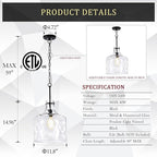 Extra Large 16" Vintage Farmhouse Pendant Light – Hand-Blown Clear Hammered Glass Shade, Adjustable Chain, Hanging Light for Kitchen Island, Dining Room, Hallway, Black Finish