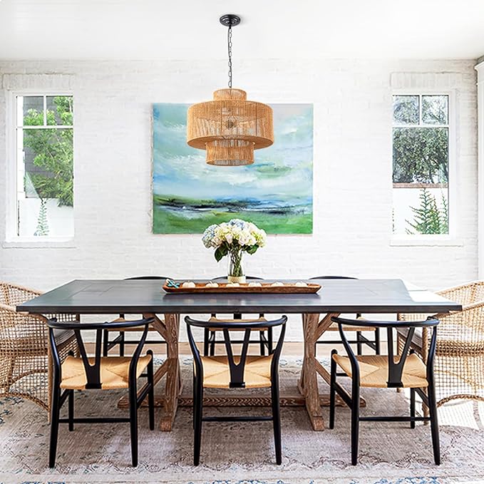 Large Rattan Pendant Light Fixture Dinning Room Chandelier Boho Hanging Light 3-light Chandelier Basket Lamp Shade Hand Woven Pendant Light for Kitchen Island Hallway Bedroom Farmhouse Living Room