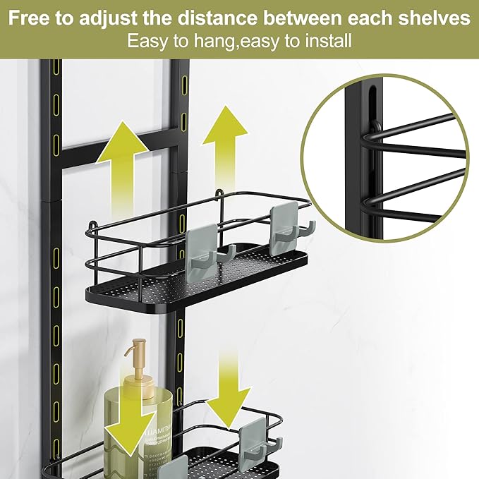 Orimade Adjustable Hanging Over the Shower Door Caddy,Bathroom Organizer Shelf Storage with 4 Hooks for Razor,No Drilling Rustproof Shower Rack Basket, 4 Tier, Matt Black