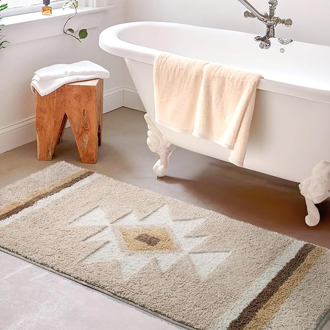 Boho Non Slip Shaggy Soft Absorbent Long Bathroom Runner Carpet for Shower Entryway, Beige 24x47