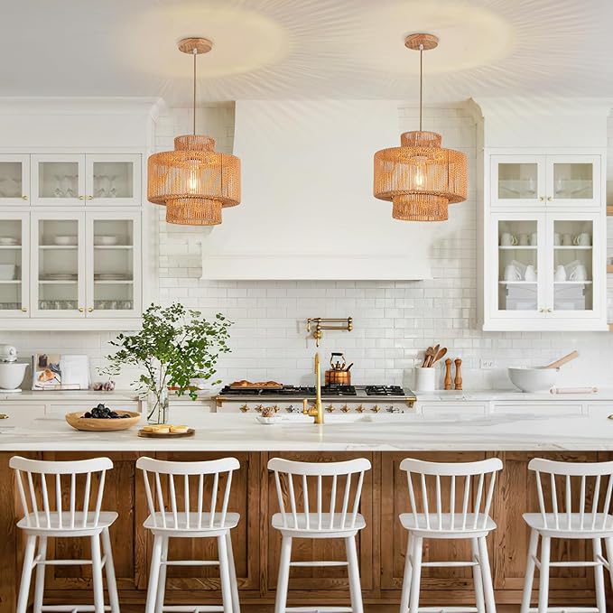 Rattan Pendant Light Fixture Boho Hanging Light Woven Rattan Ceiling Light Adjustable Basket Light Fixture for Kitchen Island Hallway Bedroom Dinning Table Nursery Light