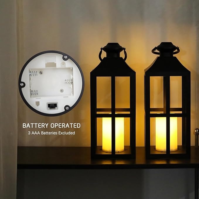 Bdor 2 Pack Black Metal Lantern with LED Candle, Battery Operated, 17.7 Inch Tall Decorative Candle Holder, for Indoor and Outdoor Use, Perfect for Home Décor, Weddings, Parties, and Holiday