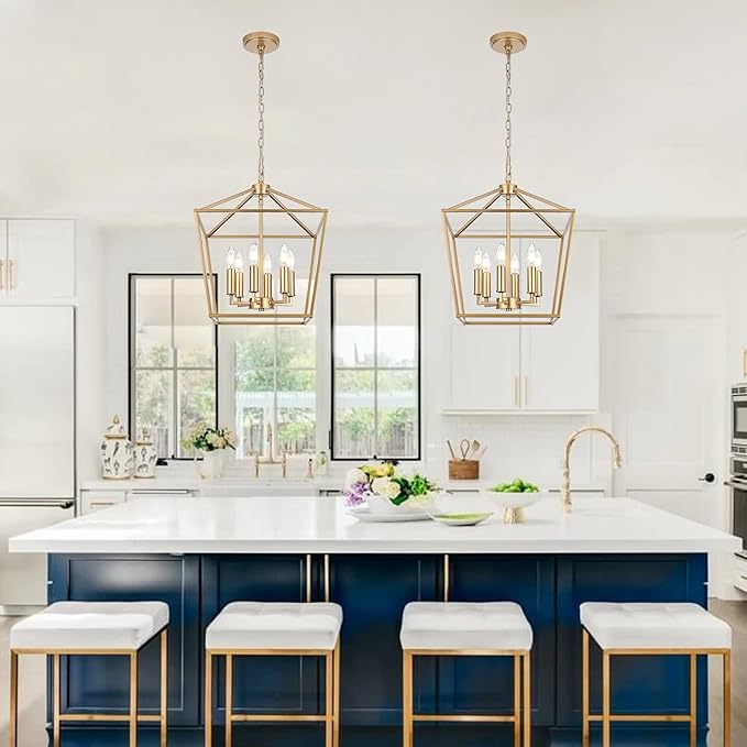 MELUCEE 16-inch Wide Farmhouse Chandelier Gold, 6-Light Vintage Openwork Cage Pendant Lighting Lantern Hanging Ceiling Light, Ideal for Kitchen Island Dining Areas Foyer, E12 Base