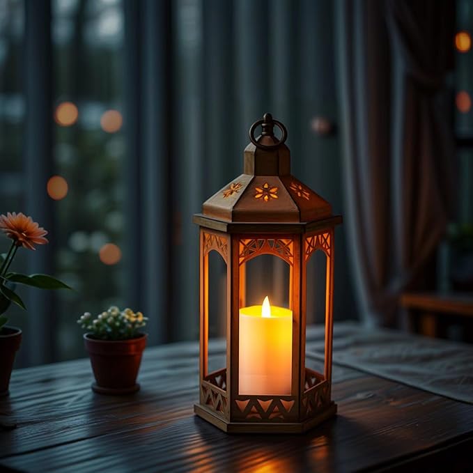 LED Hexagon Lantern with Flameless LED Candle, Unique Shape and Pattern to Give an Upscale Garden Party Vibe. Suitable for Home & Outdoor Usage or Wedding.Battery Powered (Beige)