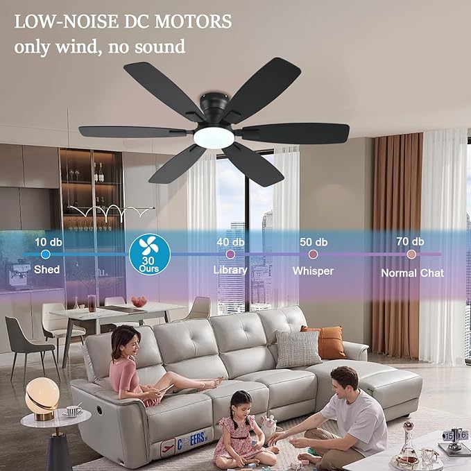 Ceiling Fans with Lights, 52 Inch Low Profile Ceiling Fan with Light and Remote Control, Flush Mount, Reversible, 3CCT, Dimmable, Quiet, Black Ceiling Fan for Bedroom Indoor/Outdoor Use