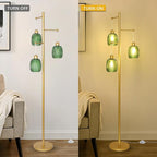 Gold Floor Lamps for Living Room, Boho Green Glass Flower Floor Lamp with 3 Led Bulb, Mid Century Modern 3 Light Brass Tall Lamps Farmhouse Standing Lamp Tree Floor Lamps for Bedroom,Office,Corner