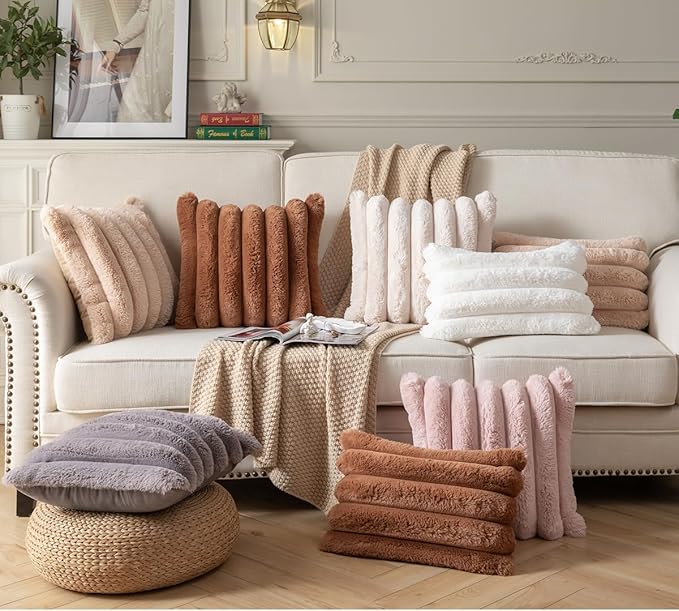 Faux Fur Plush Throw Pillow Covers 20x20 Inch Set of 2 - Luxury Decorative Fuzzy Striped Soft Cozy Pillowcase for Couch, Sofa, Living Room - Cream White