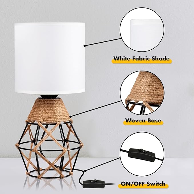 Hamilyeah Boho Lamp, Woven Table Lamp for Nightstand with On/Off Switch, Bedroom Lamp with White Fabric Shade, Simple Table Light for Bedside, Living Room