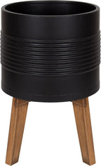 Kate and Laurel Gavri Farmhouse Freestanding Indoor Planter; 11.25 Inch Diameter; Black and Rustic Brown; Decorative Plant Stand with Wood Base and Iron Pot