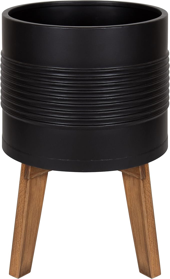 Kate and Laurel Gavri Farmhouse Freestanding Indoor Planter; 11.25 Inch Diameter; Black and Rustic Brown; Decorative Plant Stand with Wood Base and Iron Pot