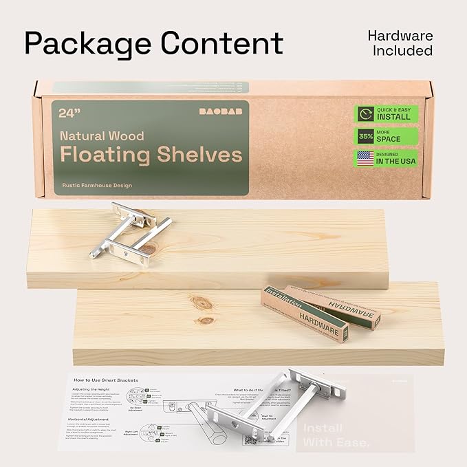 BAOBAB WORKSHOP Wood Floating Shelves for Bathroom Wall - Rustic Shelf 24 inch - Floating Wooden Shelves for Bedroom Kitchen Living Room - Natural Wood Shelves - DIY, 24 x 6.7 Inch, Set of 2