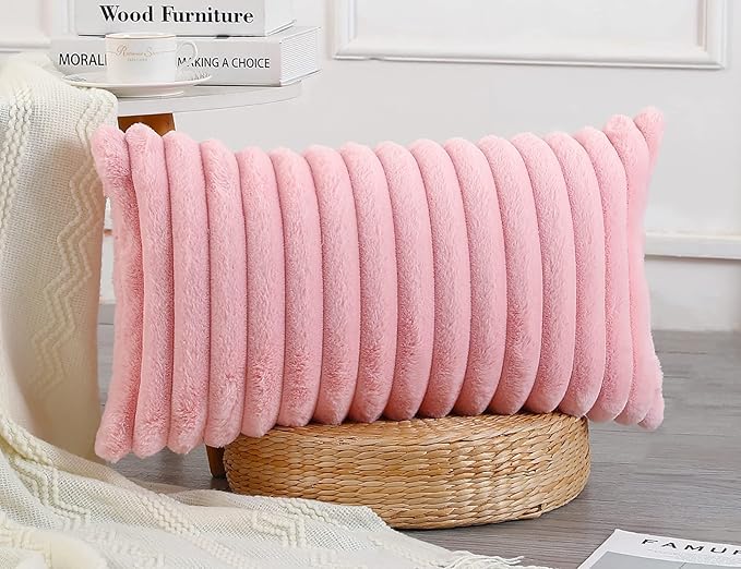 PANOD Faux Fur Decorative Lumbar Throw Pillow Covers 14 x 26,Long Boho Lumbar Pillow Covers Pillow Case Cushion Case for Bed Sofa Farmhouse Livingroom,Pink