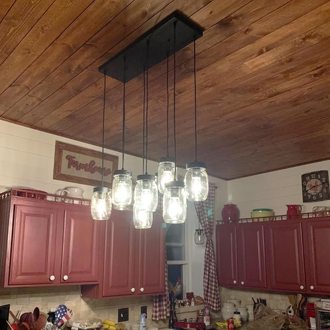 Wellmet 8-Light Mason Jar Chandelier for Dining Room, Farmhouse Rustic Linear Cluster Pendant Light Fixture for Living Room, Kitchen Island Lighting, Matte Black Finish with Glass Shades