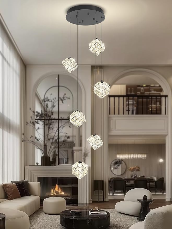 6-Lights Crystal Chandeliers for Staircases Modern Black Chandeliers for High Ceilings Crystal Pendant Light Fixture for Living Room Kitchen Island Foyer Hallway Bar