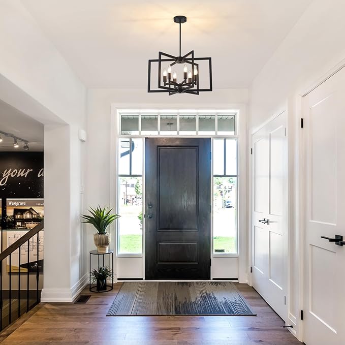 Modern Farmhouse Chandeliers Dining Room Light Fixtures, 6-Light Kitchen Island Lighting,Industrial Metal Black Geometric Chandelier for Stairway Foyer Living Room, UL-Listed