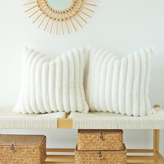 JOJUSIS Pack of 2 Faux Fur Plush Decorative Throw Pillow Covers Couch Cushion Case Soft Pillowcases (White, 24 x 24-Inch)