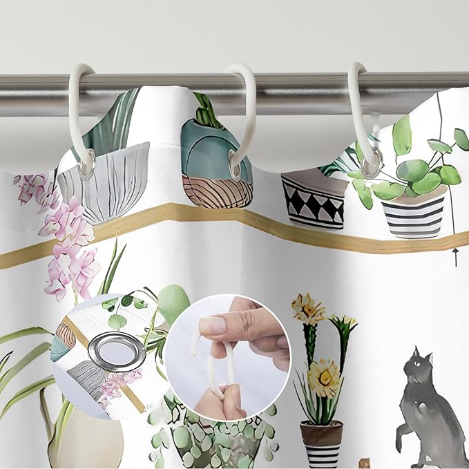 Green Potted Plant Shower Curtain Cactus Leaf Floral Black Cat Shower Curtains for Bathroom Waterproof Polyester Fabric Bathroom Curtain 72 x 72 Inch with 12 Plastic Hooks