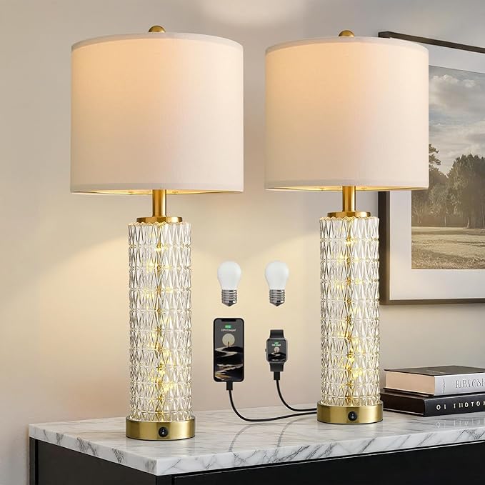 Oneach 27.75” Table Lamps Set of 2, Gold Modern Bedside Lamp with LED Night Light, USB A+C, Glass Lamps for Living Room, Bedroom, Nightstand, Office, End Table (2 Bulbs Included)