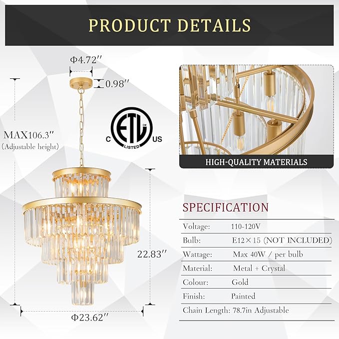 Modern Gold Crystal Chandelier 15 Lights 24" Round Light Fixture Luxury 5-Tier K9 Crystals Chandelier Contemporary Pendant Lighting for Dinning Room Living Room Foyer Kitchen
