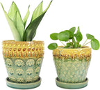 6 Inch + 5 Inch Ceramic Planter Pot with Drainage Holes, Saucers and Mesh Pads for Indoor-Outdoor Plants, Succulent Orchid Flower, Round Plant Pots, Set of 2