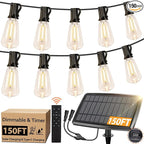 Bosceos 150FT Solar String Lights for Outside, Solar Powered Patio Lights with 52 Shatterproof ST38 Edison Bulbs & Remote Control,Dimmable LED Solar String Lights for Outside Waterproof