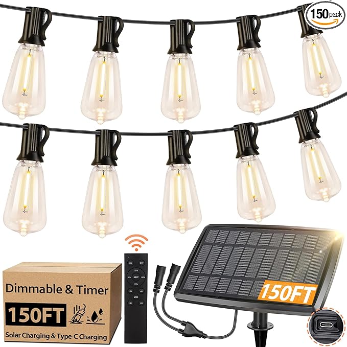 Bosceos 150FT Solar String Lights for Outside, Solar Powered Patio Lights with 52 Shatterproof ST38 Edison Bulbs & Remote Control,Dimmable LED Solar String Lights for Outside Waterproof