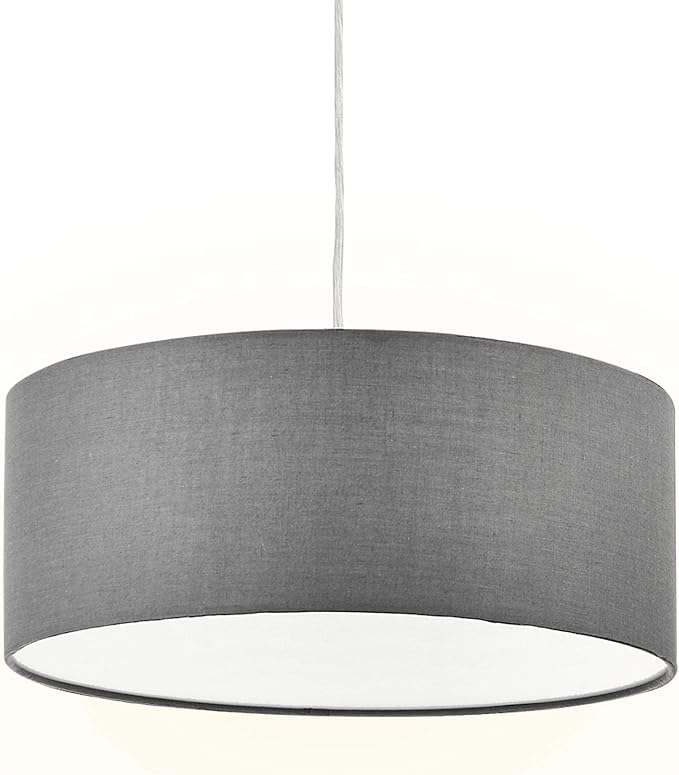 SomSom Modern Fabric Pendant Light, 15" Classic 3-Light Drum Ceiling Chandelier, Grey Drum Shade, Round Frosted Acrylic Diffuser, Lamps for Living Room