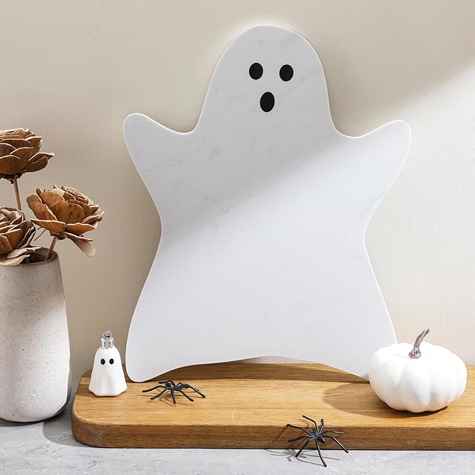 Ghost Marble Cheese Board Charcuterie Cutting Tray Halloween Ghost Marble Serving Decorative for Decoration Charcuterie Kitchen (White)