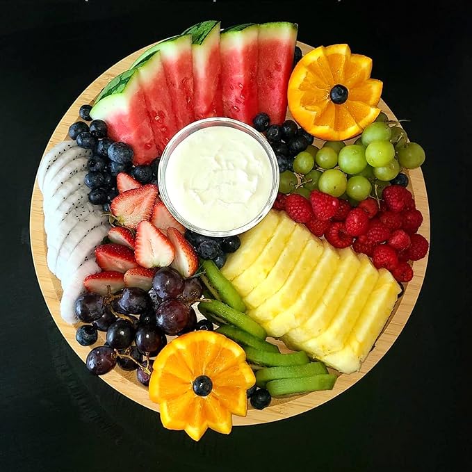 JOIKIT 5 Pack 12 Inch Bamboo Round Platter, Fine Polished Round Wood Plates Bamboo Serving Tray for Holding Fruit, Bread, Cheese, Nut, Coffee, Tea, Plant Saucer