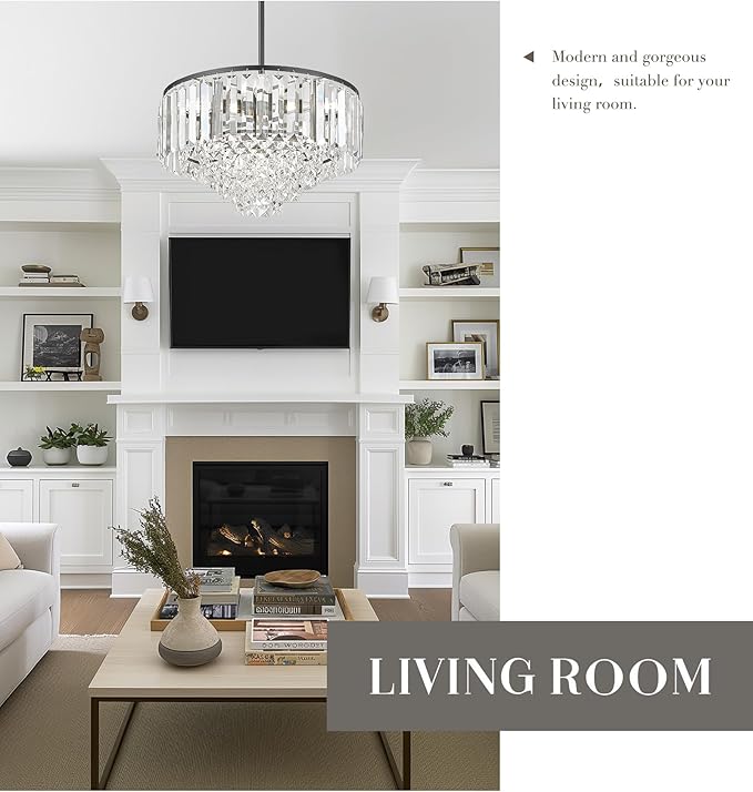 15'' Crystal Chandelier, 5-Tier Modern Chandelier with Matte Black Finish, Pendant Light for Dining Room Kitchen Island Bedroom Entryway, CC4215-5W-BK