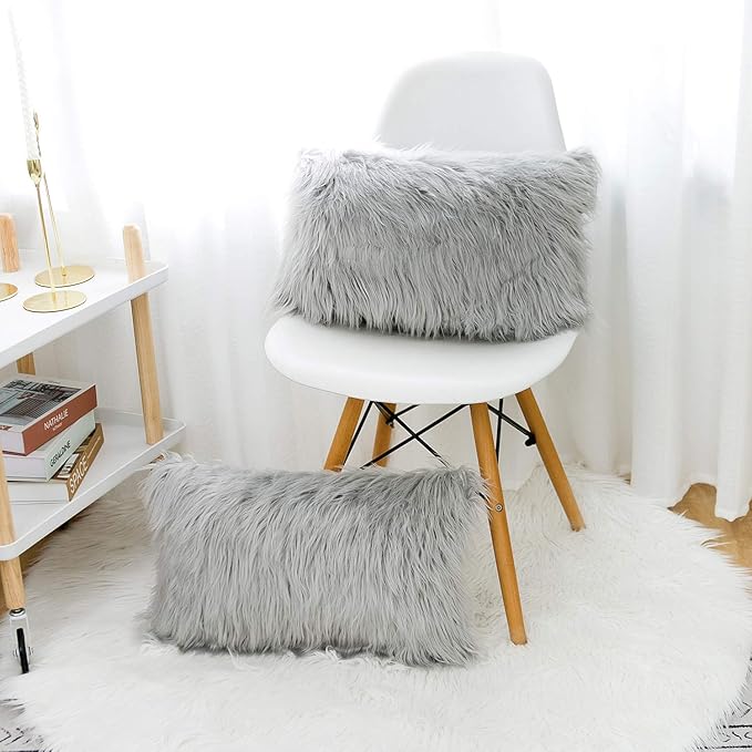 WLNUI Set of 2 Light Grey Christmas Decorative Lumbar Pillow Covers New Luxury Series Merino Style Faux Fur Fluffy Throw Pillow Covers Fuzzy Cushion Case for Sofa Bedroom Home Decor 12x20 Inch