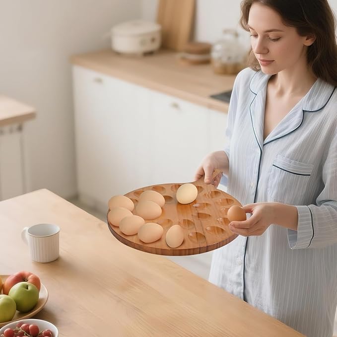 RERUICO Wood Deviled Egg Platter with Handles, 24 Holes Deviled Egg Serving Tray, Round Reversible Carrier for Kitchen Countertop,Easter Christmas,Thanksgiving